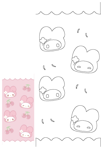 Outline drawings of cute My Melody faces and cherries on a white background, with a strip of pink kawaii My Melody and cherry pattern.