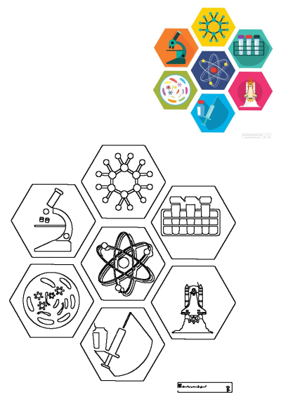 Colorful and outline science icons featuring a microscope, molecule, atom, test tubes, space shuttle, and vaccine syringe, perfect for classroom clipart.