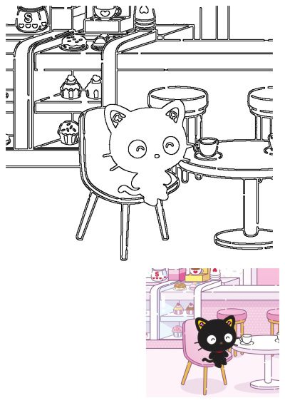 A charming cartoon black cat with yellow ears sits on a pink chair at a cafe table, with a display of delicious cupcakes nearby.
