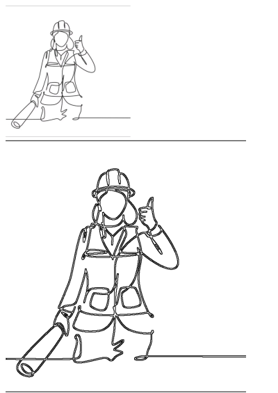 Simple continuous line art of a woman construction worker in a hard hat and vest, holding a blueprint and giving a thumbs up.