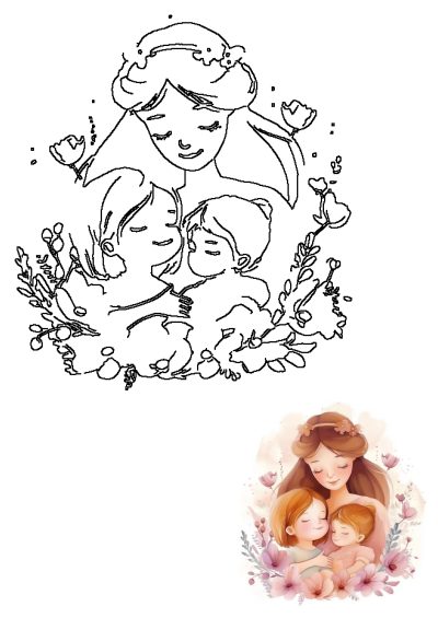 Tender watercolor art of a mother holding two children, framed by pink flowers. A loving mom embrace, perfect for family art.