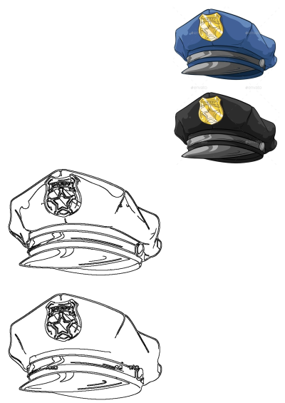 Cartoon police hats featuring blue and black versions with shiny gold SHERIFF emblems. Includes outline versions for drawing.