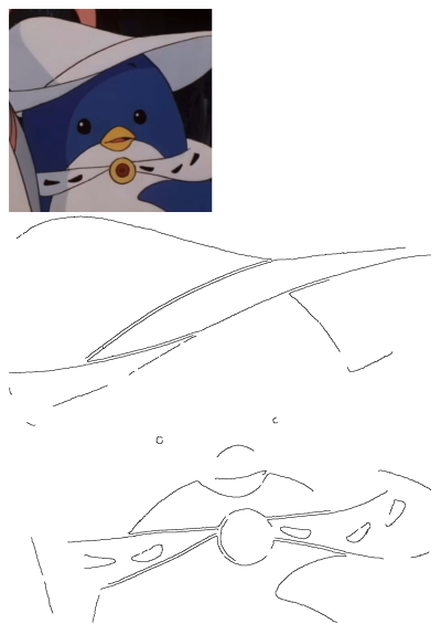 A cute blue and white cartoon penguin wearing a white hat and gold collar, with its black and white outline version below.