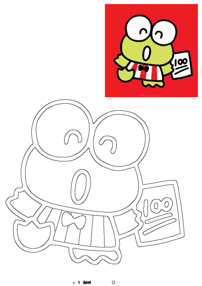 Keroppi, the Sanrio frog character, in a striped shirt holding a '100' sale sign. Includes a colorful version and an outline.