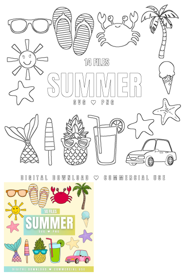 Summer beach & pool party SVG PNG clipart bundle. Features sunglasses, flip-flops, crab, palm tree, sun, mermaid, ice cream, drinks.