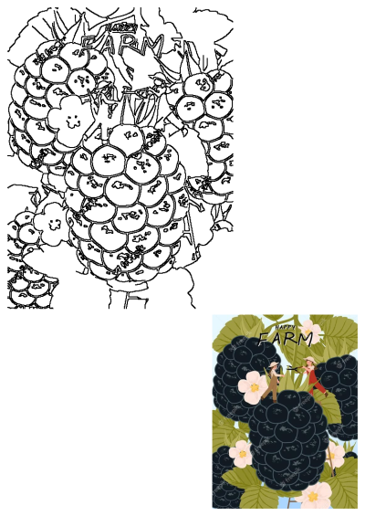 A vibrant illustration from Happy Farm, depicting two women harvesting ripe blackberries among green leaves and white flowers.