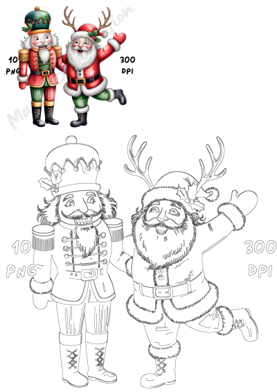 Festive Christmas illustration featuring a happy Nutcracker soldier and Santa Claus with reindeer antlers, available in color and outline.