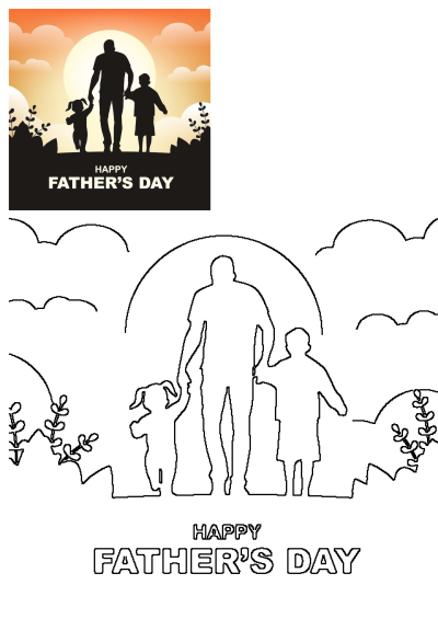 Fathers Day card featuring a silhouette of a man with two children at sunset, plus a black and white outline.