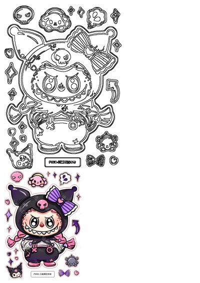 A kawaii Kuromi character sticker sheet featuring a mischievous main character, skull accents, and various cute Sanrio-style designs.