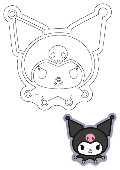 Kuromi Sticker With Skull Design showing both the black outline cut file and the vibrant finished sticker design.