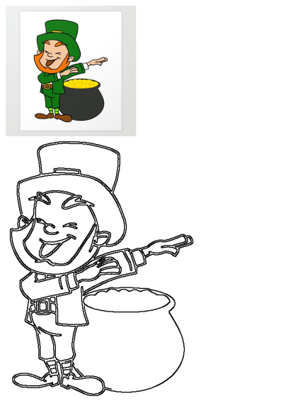 A happy cartoon leprechaun in a green suit and hat is dabbing playfully next to a pot of gold coins, perfect for St. Patrick's Day.