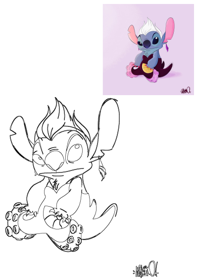 Stitch Ursula fusion fan art cartoon character sitting, featuring a blue alien with white hair, purple tentacles, and golden shell, with both a colored and outline version.