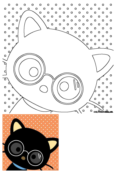 Adorable kawaii black cat outline wearing round glasses, set against a fun polka-dot background. Perfect for creative coloring activities.