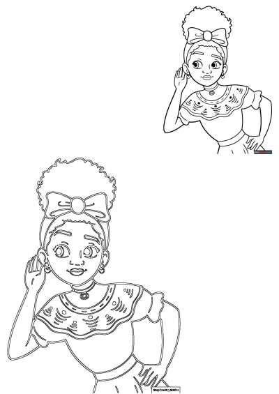 Detailed outline of Dolores from Encanto, known for her super hearing, cupping her ear intently. Ready for creative coloring.