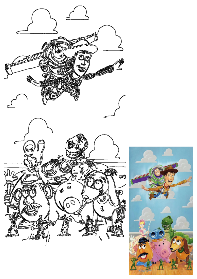 Woody & Buzz Lightyear flying with Toy Story friends: Mr. Potato Head, Hamm, Slinky Dog, Bo Peep, Rex, and green army men.