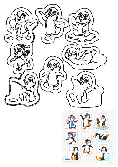 A collection of cute penguin stickers featuring various poses and activities, including both outlines for crafting and finished colorful designs.