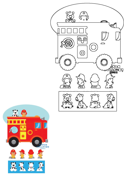 Vibrant cartoon fire truck illustration featuring a boy firefighter and a Dalmatian dog, with various poses of firefighters and dogs.