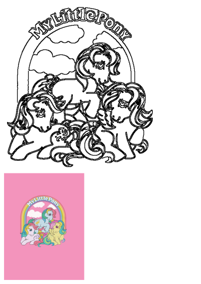 My Little Pony vintage cartoon featuring three ponies on a pink background, with an arch and clouds. Classic G1 animated style.