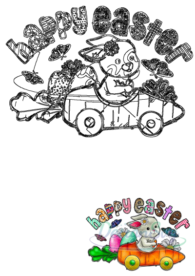 A cheerful Easter bunny drives a whimsical carrot car under vibrant 'Happy Easter' lettering, surrounded by colorful eggs, butterflies, and daisies.