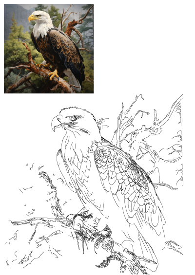 Majestic bald eagle with white head and yellow beak perched on a rustic branch, set against a backdrop of green pine trees and distant mountains.