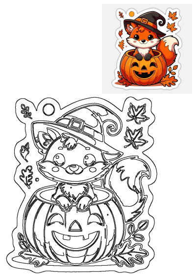 Cute cartoon fox wearing a witch hat, nestled inside a carved Halloween jack-o'-lantern pumpkin with autumn leaves. Perfect sticker.