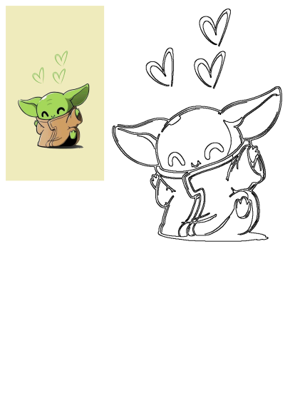 A cute cartoon Baby Yoda with a happy smile and green hearts floating, beside a black and white outline for coloring.