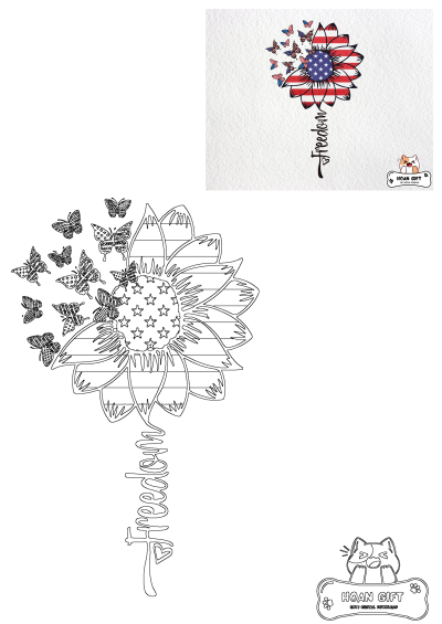 Patriotic sunflower with American flag colors, flying butterflies, and 'Freedom' text. Includes a vibrant graphic & outline for craft designs.