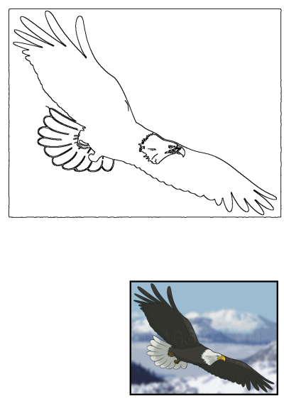 An outline drawing of a powerful bald eagle flying gracefully across a mountainous sky landscape.