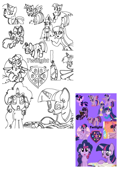 Twilight Sparkle pony collage showcasing diverse line art and vibrant colored illustrations of the character in various poses and forms.