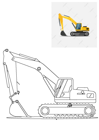 Detailed yellow excavator and its black outline drawing on a clean white background, perfect for construction machinery themes.