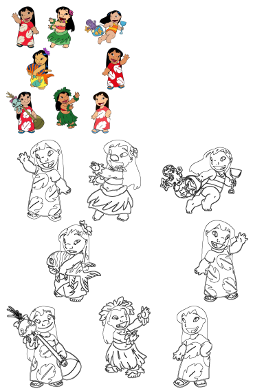 Lilo Pelekai from Disney's Lilo & Stitch in multiple colorful outfits and dynamic poses, including hula and beachwear.