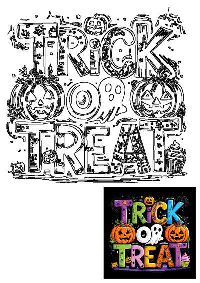 Spooky 'TRICK OR TREAT' Halloween lettering outline with festive jack-o'-lanterns, a ghost, spiderwebs, and a sweet cupcake design.