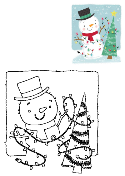 Happy snowman decorating a Christmas tree with colorful lights, shown as both a vibrant illustration and a crisp outline drawing.