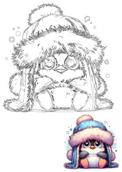 A cute cartoon penguin wearing a blue and pink fur hat, featuring large eyes and a fluffy texture, perfect for winter themes.