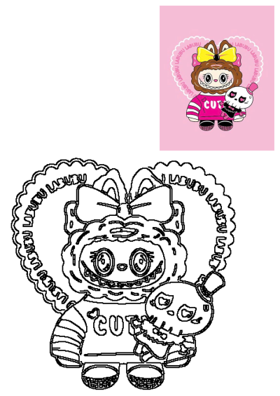 Labubu character in a pink 'CUTE' sweater and yellow bow, holding a skull with a pink top hat, on a pink 'LABUBU' heart background.