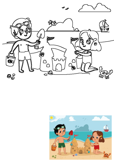 Two kids, a boy and girl, building sandcastles on a sunny beach with shovels and buckets, enjoying summer vacation fun.