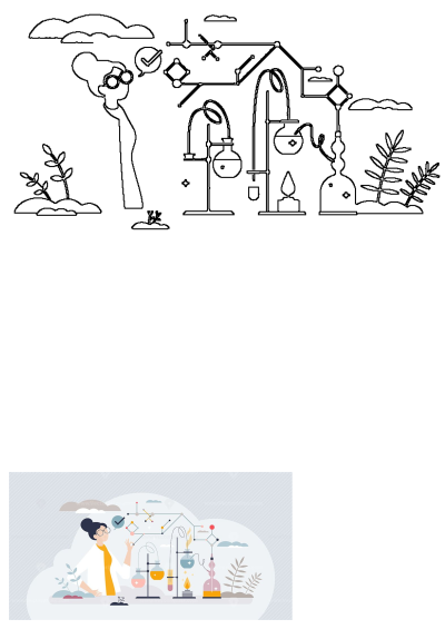 A focused woman scientist conducts chemistry research, surrounded by lab equipment, experimental setups, and scientific diagrams.