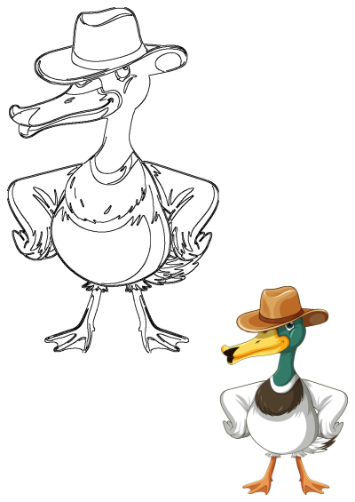 A confident cartoon duck sporting a brown cowboy hat, presented as both a vibrant color illustration and a distinct black and white outline drawing.