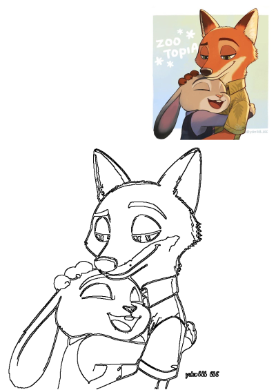 A heartwarming Zootopia illustration featuring Nick Wilde and Judy Hopps embracing, alongside a detailed black and white line art version.