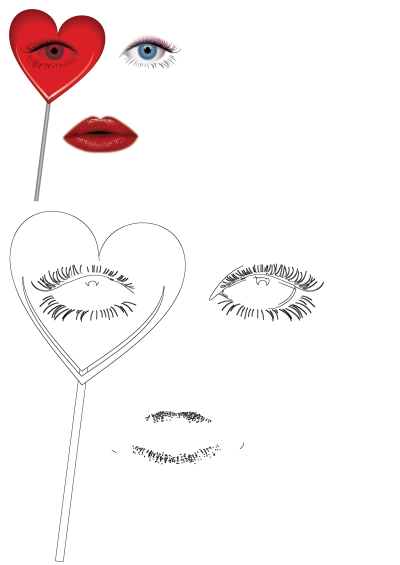 Vibrant illustration featuring a red heart lollipop with a detailed eye and makeup, a blue eye with pink shadow, and glossy red lips, alongside their outline versions.
