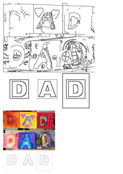 A collection of colorful DAD artwork projects, including finished examples and outline templates, perfect for Fathers Day crafts.