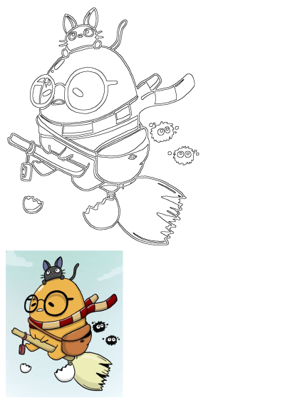 A cute yellow cartoon character with glasses and a scarf, flying on a broomstick with a black cat and soot sprites.