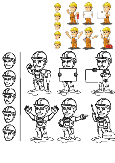Cartoon construction worker character set in hard hat. Poses include holding tools like jackhammer, screwdriver, blank signs, and expressions.