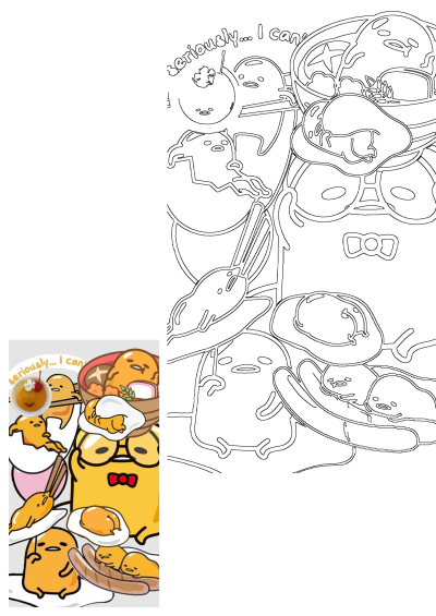 Outline of Gudetama, the lazy egg character, featured in various food-themed illustrations like ramen, fried eggs, and pudding. Text says 'seriously... I can'.