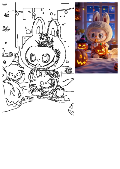 An adorable fluffy bunny in a Halloween costume holds a glowing pumpkin, surrounded by festive jack-o'-lanterns and candies.