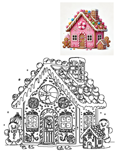 Vibrant pink gingerbread house with candy decorations and gingerbread men, alongside its outline drawing for creative coloring.