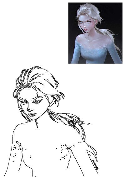 Elsa Frozen fan art: A beautiful woman with white hair and blue eyes in a sparkling gown, alongside her detailed line drawing outline.