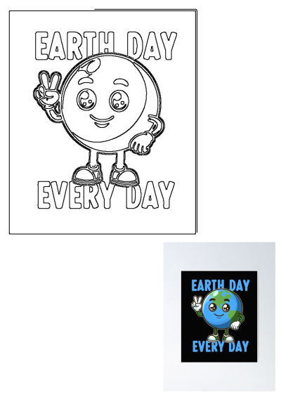 A cheerful cartoon Earth with a smiley face making a peace sign for Earth Day Every Day, presented as an outline and a colorful poster.