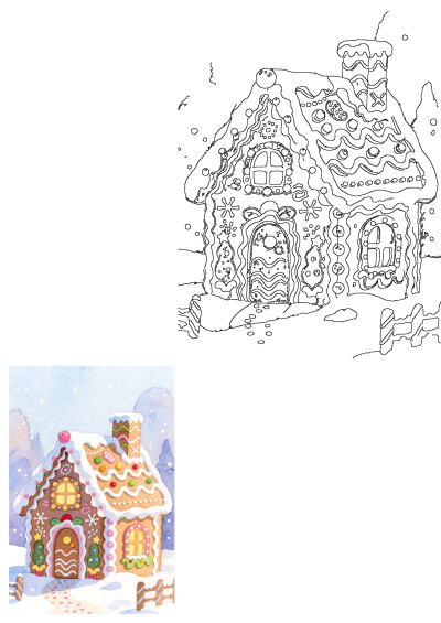Festive gingerbread house in a snowy winter scene, featuring both a colorful watercolor and a black-and-white outline with candy details.