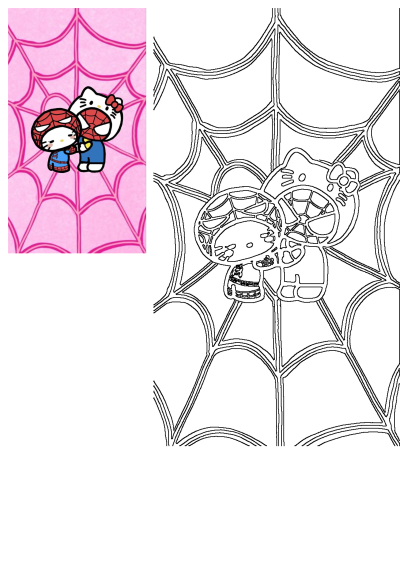 Cute Hello Kitty dressed as Spiderman and Spiderman wearing a Hello Kitty bow, holding hands on a pink spiderweb background.